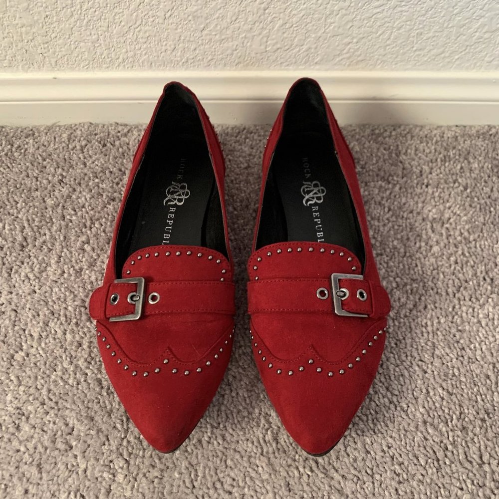Red faux suede pointy toe ballet flats